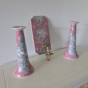 Vintage Dynasty by Heygill Macau 3-Pc Hand-Painted Porcelain Candle Holder Set